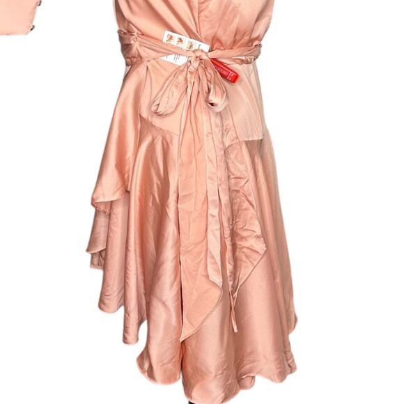 MAC DUGGAL Salmon A-Line Satin Long Sleeve Mini Dress Pink Wrap Small - Picture 6 of 10